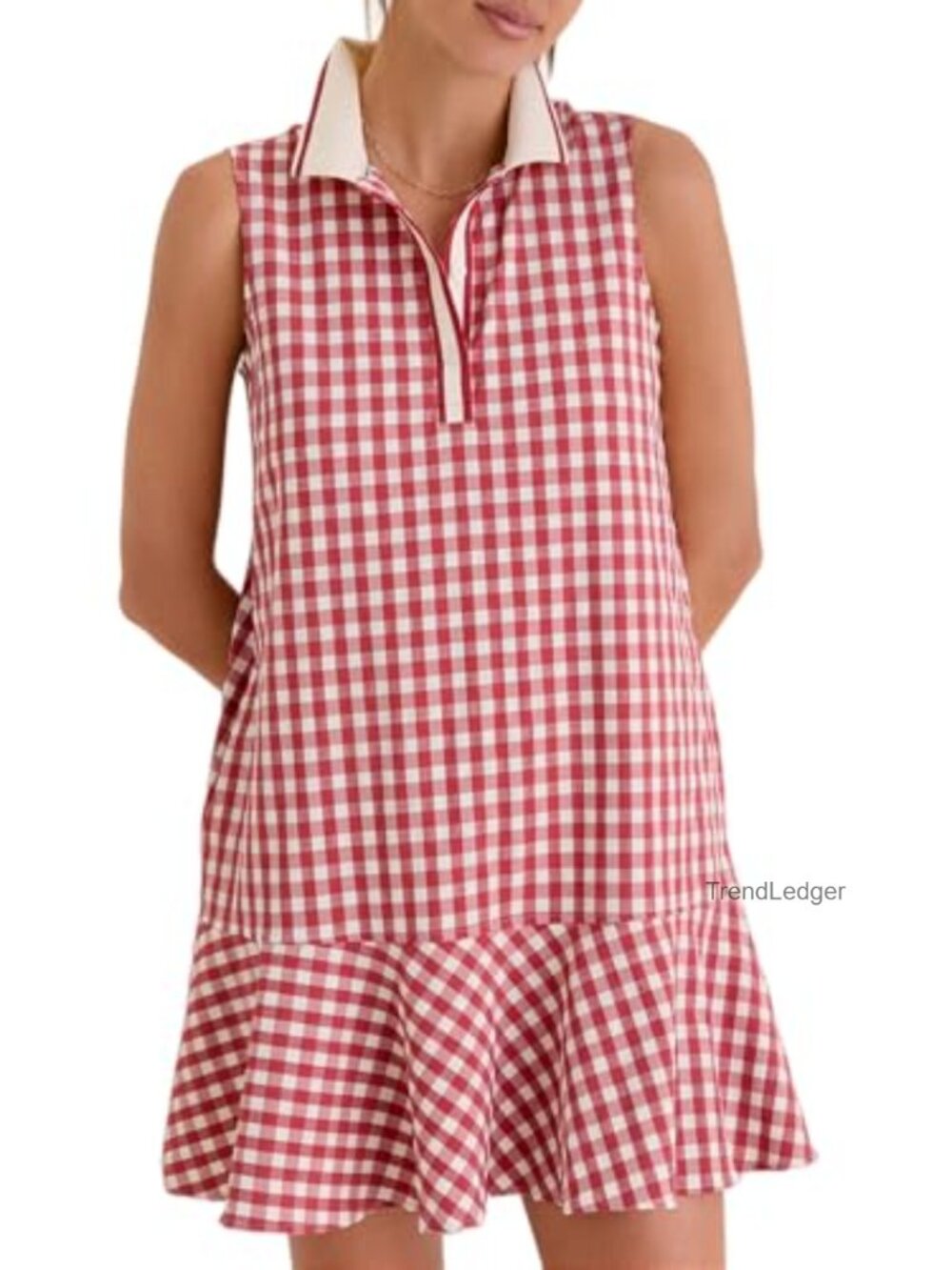 Womens Gingham Polo Dress V Neck Sleeveless Tennis Mini Ruffle Hem Button Front